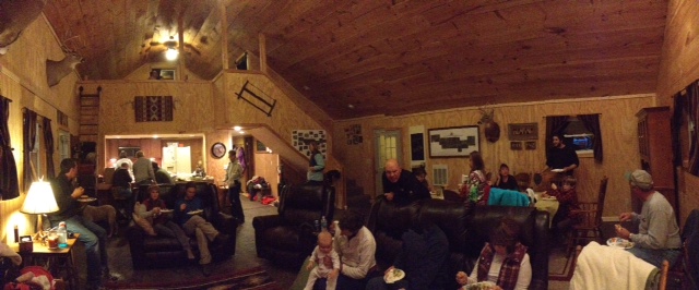 A large group in the lodge.
